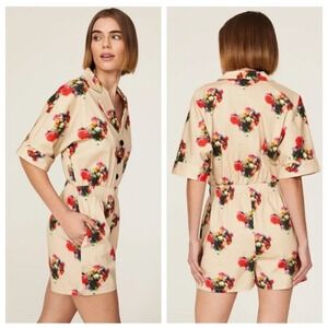 Adam Lippes Collective Blurry Floral Print Button Front Romper Tan‎ Size 2